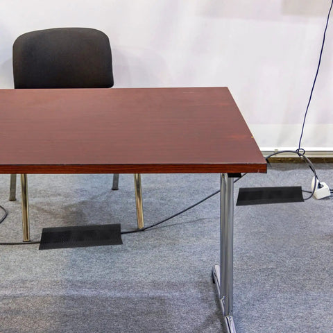 Office space with desk, chair, and Long 98.43 Ft Carpet Cord Cover And Cable Protector Floor Strip For Office And Commercial Spaces Black No Fuss Hook And Loop Cable Management Cut To Length Easy Install Keeps Cables Safe From Trip Hazards visible on gray carpet.