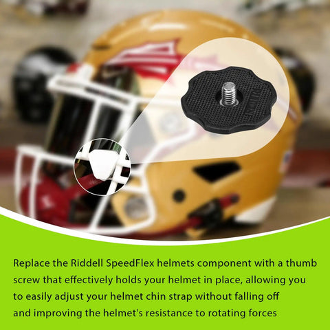 Heavy Duty Football Helmet Thumb Screws For SpeedFlex Chinstraps close-up of black thumb screw on helmet securing chinstrap.