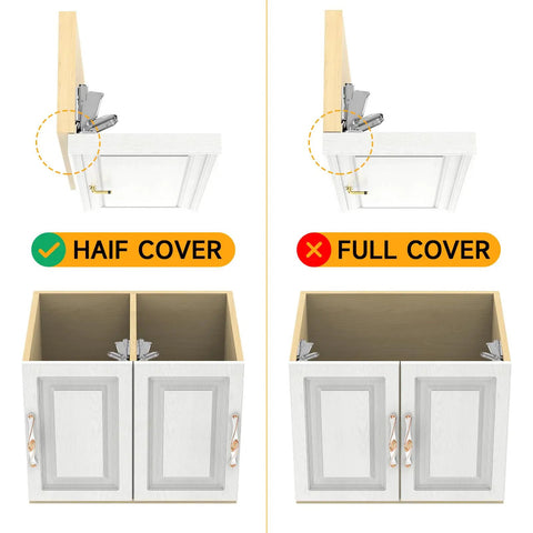 Knockout Durability One Pair 175 Degree Concealed Cabinet Hinges, showing half cover vs full cover installation on cabinets.