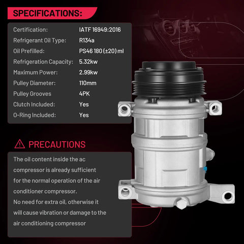 Keep Your Ride Chill With This Heavy Duty AC Compressor And Clutch Assembly For Chevy Silverado Tahoe Trucks Built Tough Enough To Handle Weekday Commutes Or Weekend Road Trips Without Breaking A Sweat, featuring specifications for performance.