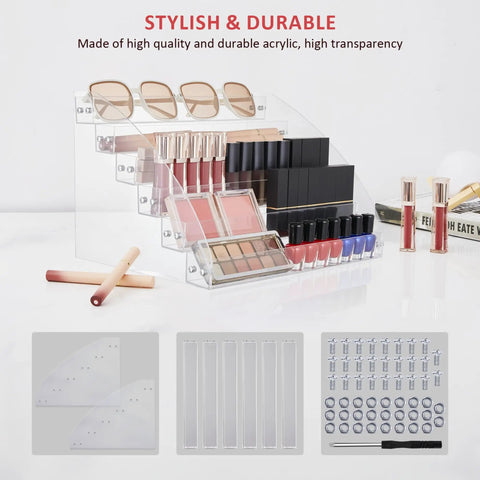 6 Tier Acrylic Nail Polish Organizer with no fuss easy install holds up to 96 bottles, clear display on countertop with cosmetics