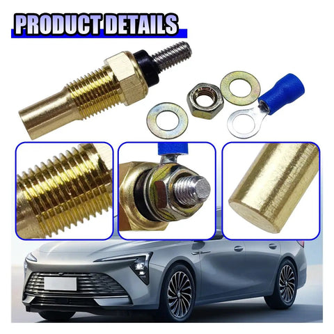 Heavy Duty Universal Water Coolant And Oil Temperature Sensor One Eighth Npt Electrical Sender For Engines Built Like A Boss With Smooth Operation Gold Housing, featuring a threaded metal end and electrical connector.