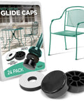 1.5 Inch Round Outdoor Furniture Feet Protectors For Wrought Iron Chairs And Tables 24 Pack Black Non Marking Floor Protectors Patio Glides To Keep Your Floors Scratch Free On Decks Stone Concrete And Indoor Floors with packaging and installation example