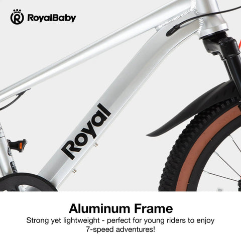 Close-up of Kids Mountain Bike 20 Inch Aluminum Frame With 7 Speed Gears, showing lightweight frame and front suspension fork
