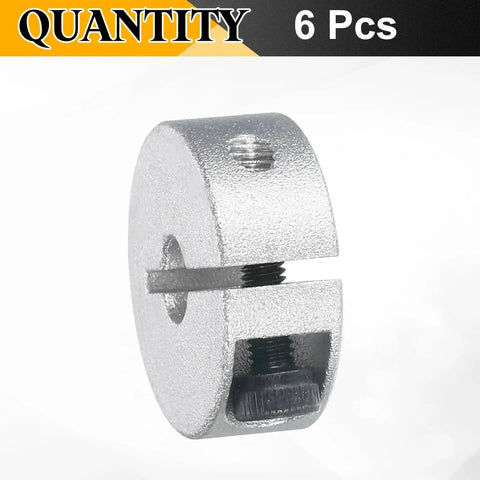 Close-up of a single split clamp-on shaft collar, 5mm bore, 20mm OD, 8mm thick, aluminum, showcasing set screw.
