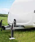 Heavy Duty 5000 Lb Swivel Trailer Jack With 10 Inch Vertical Travel Weld On Pipe Mount Top Wind Handle attached to trailer
