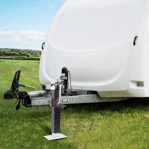 Heavy Duty 5000 Lb Swivel Trailer Jack With 10 Inch Vertical Travel Weld On Pipe Mount Top Wind Handle attached to trailer