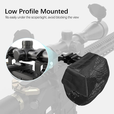Heat Resistant Brass Shell Catcher With Quick Release Zipper And Picatinny Rail Mount attached on rifle, low profile view.