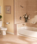 Sage Traditional Double Post Toilet Paper Holder Brushed Nickel Finish mounted beside a toilet in a modern bathroom setting.