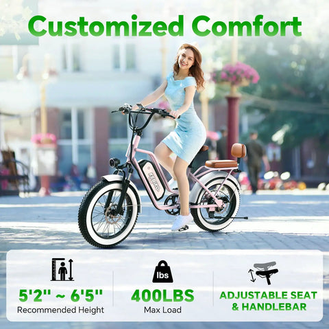 Two Seater Fat Tire Electric Bike With 1300W Peak Motor, 48V 20Ah Large Removable Battery 960Wh, Up To 80 Miles Range, 30 Plus MPH, 20 Inch By 4.0 Inch Fat Tires For Adults, Pink, side view