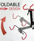 Foldable Space Saving Wall Mounted Bike Holder With Adjustable Frame Arm And Soft Rubber Cradles on white wall