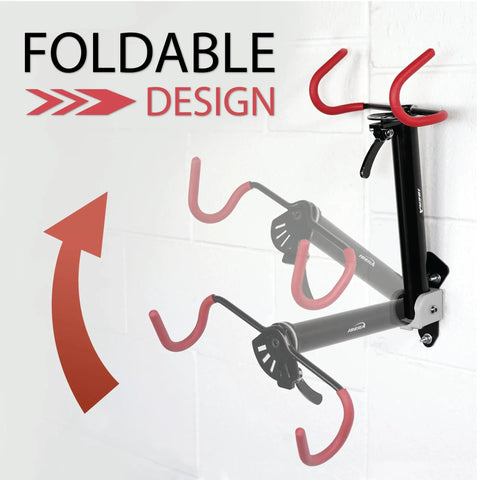 Foldable Space Saving Wall Mounted Bike Holder With Adjustable Frame Arm And Soft Rubber Cradles on white wall