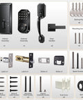 Slick Matte Black Smart Door Lock Featuring Super Quick Keyless Entry And Tight Bluetooth Handle That Pairs Directly With Your Phone App Control For Hassle Free Access hardware components including interior, exterior assemblies and handles.