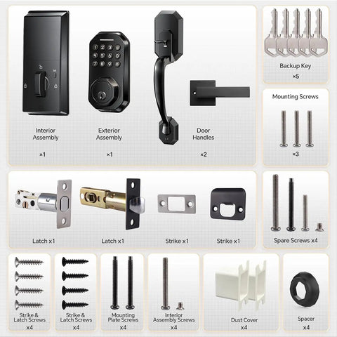 Slick Matte Black Smart Door Lock Featuring Super Quick Keyless Entry And Tight Bluetooth Handle That Pairs Directly With Your Phone App Control For Hassle Free Access hardware components including interior, exterior assemblies and handles.