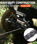 Synthetic Winch Rope Kit 1/4 Inch By 50 Feet 10000LBS With Protective Sleeve, shown on off-road vehicle, heavy-duty hook