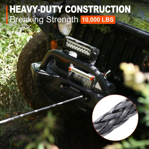 Synthetic Winch Rope Kit 1/4 Inch By 50 Feet 10000LBS With Protective Sleeve, shown on off-road vehicle, heavy-duty hook