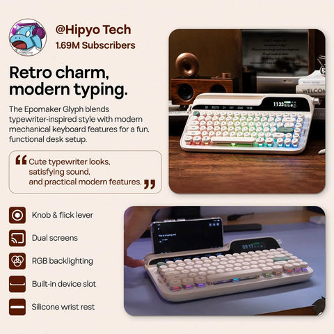 Dope Wireless Retro Typewriter Mechanical Keyboard With Screen And Smooth Rotary Knob Plus Premium Round Pbt Keycaps For Hot Swappable Switches And Custom Rgb Lighting Alongside A Comfy Wrist Rest For Epic Pc Mac Gaming Vibes And Daily Work, featuring dual screens and RGB backlighting.