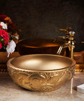 Super Slick Round Vessel Sink For Bathroom Vanity Killer Gold Ceramic Countertop Wash Basin with decorative design on a marble surface.