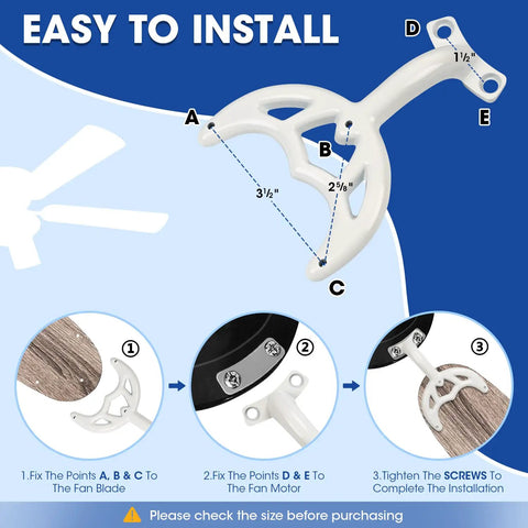 Diagram showing easy installation process of 42 Inch White Finish Ceiling Fan Blade Arms Replacement Pack Of 5 with dimensions labeled.