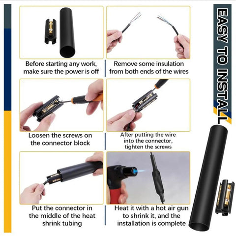 Ultimate Underground Electrical Wire Splice Kit Featuring Two Heavy Duty Heat Shrink Tubes For Robust Direct Burial Seals That Keep Water And Debris Out While Providing Reliable Solid Connections For A Super Smooth Mounting Job. setup steps with connector and shrink tube
