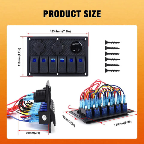 Dimensions of Waterproof 6 Gang Rocker Switch Panel For Boats And RVs with 12V/24V Power and accessories display