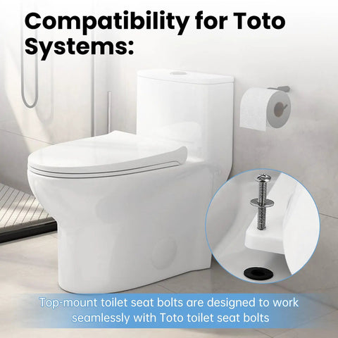 Top Mount Toilet Seat Bolts With Expanding Rubber Anchors For Toto Compatible Fixtures Quick Swap Bulletproof Grip installed on toilet.