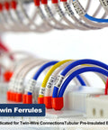 Heavy Duty 100 Pack Twin Wire Ferrules With Insulated Nylon Sleeves For Stranded Copper Ends Perfect For Control Panels And Auto Wiring Jobs Made In USA Red, twin ferrules on labeled wires