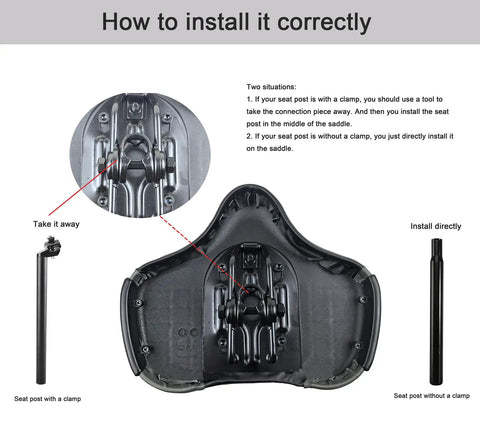 Oversized Bike Seat With Backrest For All Day Comfort Memory Foam Latex Padding Waterproof PU Cushion Universal Fit For Mountain Commuter Electric Bikes And Trikes, underside install guide