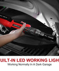 Cordless Ratchet Wrench Kit With 74 Ft Lbs Torque Brushless Motor being used in garage with built-in LED light