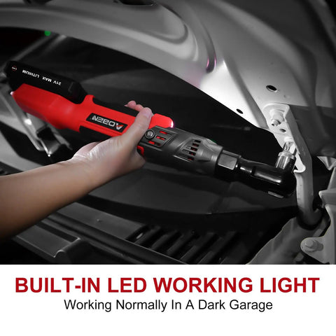 Cordless Ratchet Wrench Kit With 74 Ft Lbs Torque Brushless Motor being used in garage with built-in LED light