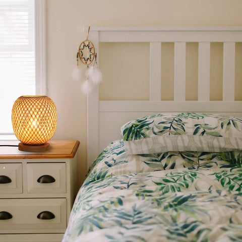 Dimmable Rattan Table Lamp With Bamboo Woven Shade, Boho Wicker Desk Light on nightstand, Warm Ambient Glow in bedroom