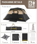 Zeta C6 Pro Six Person Instant Cabin Tent with 60 Second Setup, accessories including carry bag and gear, khaki.