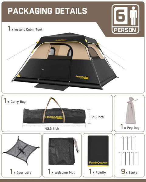 Zeta C6 Pro Six Person Instant Cabin Tent with 60 Second Setup, accessories including carry bag and gear, khaki.