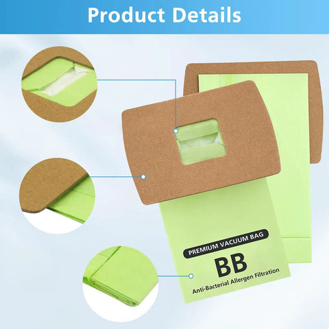 Green Type BB compact canister vacuum bag with brown cardboard frame, showing anti-bacterial filtration details