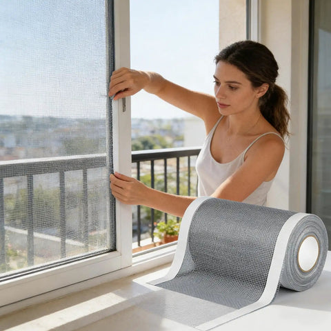 Person using DIY Window Screen Repair Tape Waterproof Mesh Patch For Home Bedroom Living Room Bathroom Kitchen Dorm Office Garage And Patio Holes Easy Tear No-Brainer Repairs Cuttable Precise Mesh Repair For Quick Fixes on window screen.