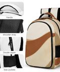 Front view of Earth Tone Abstract Curve Art Backpack For Men And Women with handle, shoulder strap, double zipper, and side pockets.