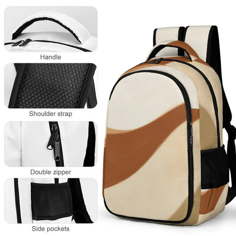 Front view of Earth Tone Abstract Curve Art Backpack For Men And Women with handle, shoulder strap, double zipper, and side pockets.