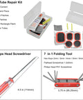 Tire tube repair kit with patches, rubber cement, Philips screwdriver, and 7-in-1 folding tool from 42 Piece Bike Repair Kit For Mountain, Dirt, And Road Bikes With Storage Case Tire Patch Kit, Pedal Wrench, Chain Whip, Wrenches, Levers, Rivet Extractor, Hex Keys, And Must-Have Tools For Quick Maintenance.