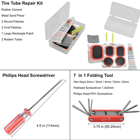 Tire tube repair kit with patches, rubber cement, Philips screwdriver, and 7-in-1 folding tool from 42 Piece Bike Repair Kit For Mountain, Dirt, And Road Bikes With Storage Case Tire Patch Kit, Pedal Wrench, Chain Whip, Wrenches, Levers, Rivet Extractor, Hex Keys, And Must-Have Tools For Quick Maintenance.