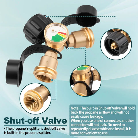Propane Splitter 2 Way with Gauge and Shut Off Valve for Camping Stoves, features brass Y adapter with safety control.