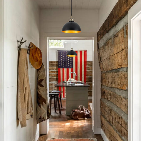 Mini Black Pendant Light With Gold Interior Finish 3 Pack 9.84 Inch Dome Farmhouse Style Retro Industrial Pendant Lamps in hallway