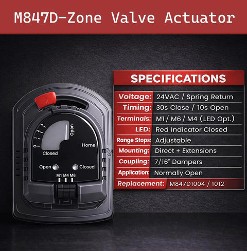 M847D Zone Damper Actuator Motor Replacement for ARD and ZD Dampers, 24V HVAC Damper Motor, Direct Fit for M847D1004 and M847D Zone U, Quiet Startup, Plug and Play Install, No Fuss Performance. 24V spring-return actuator shown
