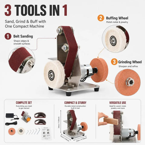 Badass Electric Belt Sander Featuring Adjustable Angle And Seven Speed Switches Spanning Four Thousand To Nine Thousand RPM for sanding and buffing.