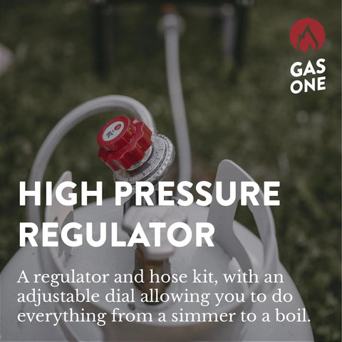 GasOne high-pressure propane regulator with red knob and 4 ft steel braided hose (close-up).
