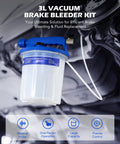 3L Vacuum Brake Bleeder Kit With Pneumatic Fluid Extractor, visible refilling bottle and adapter in workshop setting.