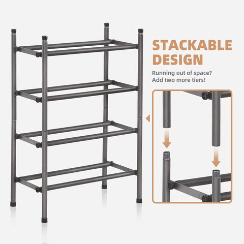 Expandable Shoe Rack For Closet And Entryway, Metal 8 Pairs Stackable Organizer, Adjustable 2 Tier Shelves In Black shown with stackable design
