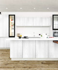 Modern kitchen adorned with White Wood Textured Peel And Stick Wallpaper For Countertops Cabinets Desks And Furniture Silver Wood Grain Vinyl 15.7 Inch Wide By 354 Inch Long Roll Durable Matte Finish Easy Self Adhesive Cover, showing cabinets and countertops.
