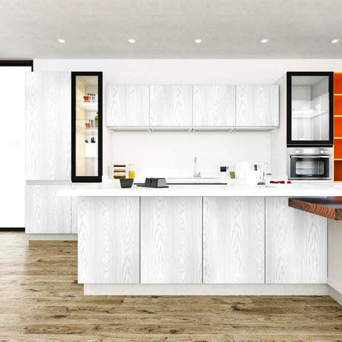 Modern kitchen adorned with White Wood Textured Peel And Stick Wallpaper For Countertops Cabinets Desks And Furniture Silver Wood Grain Vinyl 15.7 Inch Wide By 354 Inch Long Roll Durable Matte Finish Easy Self Adhesive Cover, showing cabinets and countertops.