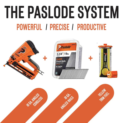 The Paslode system with angled nailer, Pro Grade Finish Nails For 20 Degree Angled Nailers 16 Gauge Galvanized One And Quarter Inch 2K Per Box Chisel Point Reduces Wood Splitting Corrosion Resistant Trim Nails For Fine Woodworking And Trim Carpentry, and trim fuel.