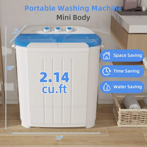 No Sweat Portable Twin Tub Washing Machine, Compact Laundry Washer And Spinner Combo For Apartments And Dorms, Quick 14 Pound Capacity Clothes Cleaner, Effortless Room Setup in mini body with 2.14 cu.ft size.